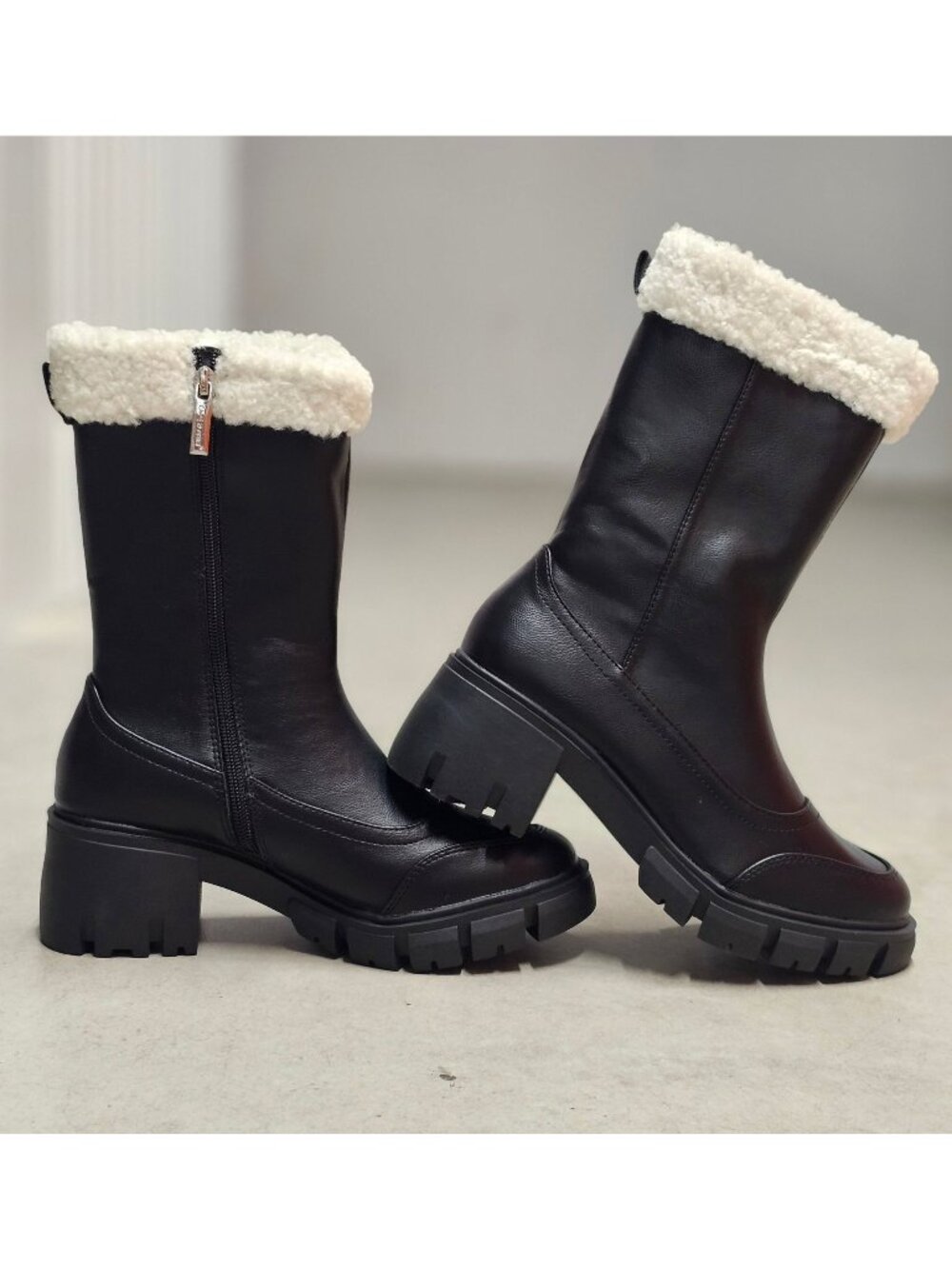 Black Winter Boots With Faux Fur Trim & Chunky Sole - Womens Mid-Calf Style With